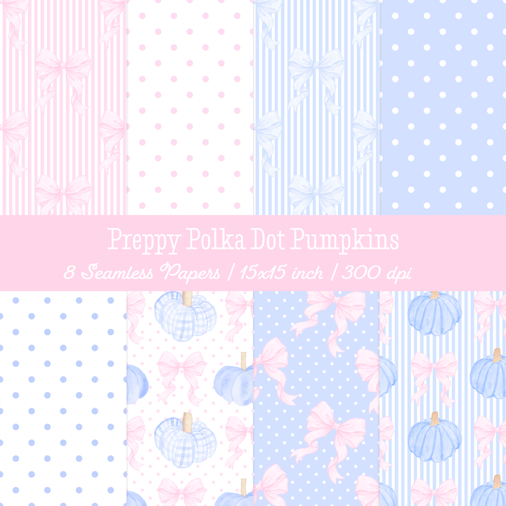 Preppy Pink &amp; Blue Polka Dot Pumpkin Seamless Digital Paper Pack | 8 Watercolor Patterns