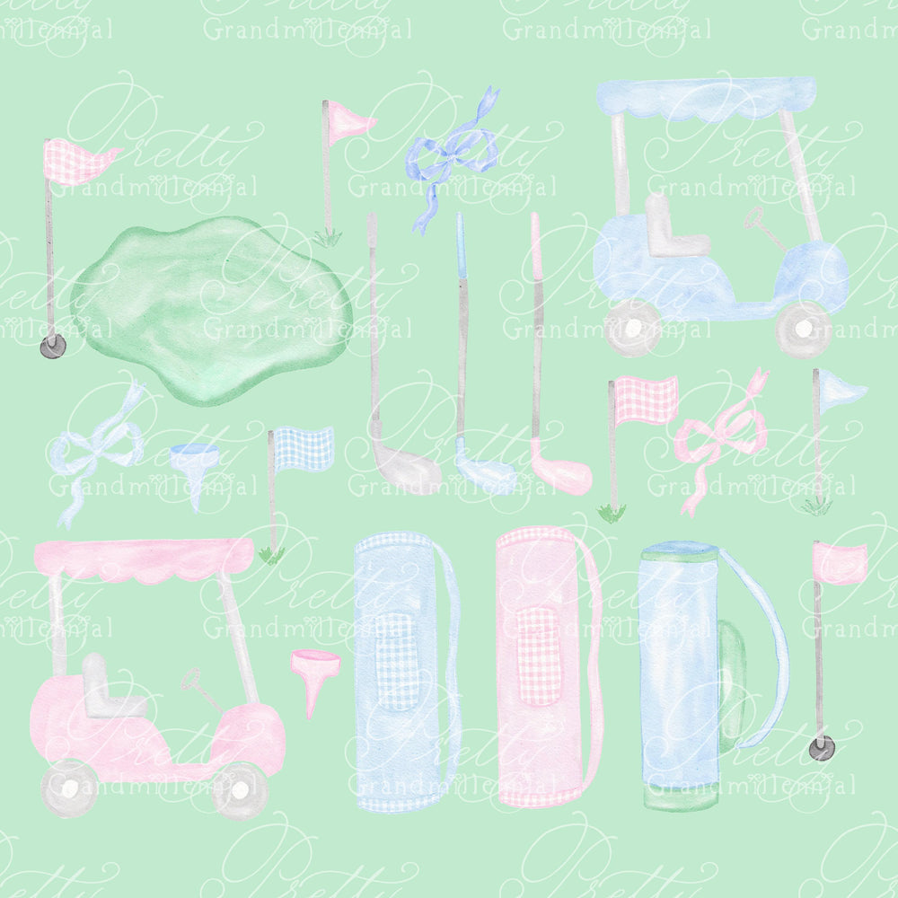Golf clipart, watercolor golf clipart, grandmillennial clipart, golf cart clipart, clipart shop, golf club clipart, golf bag clipart - PrettyGrandmillennai