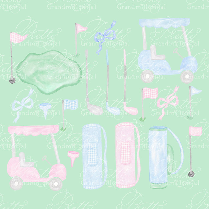 Golf clipart, watercolor golf clipart, grandmillennial clipart, golf cart clipart, clipart shop, golf club clipart, golf bag clipart - PrettyGrandmillennai