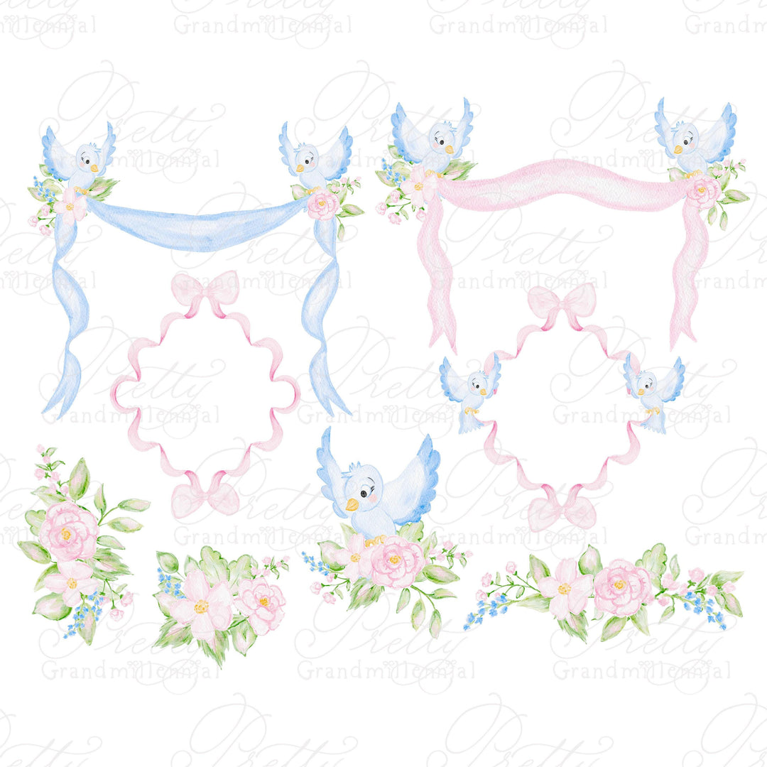 Watercolor Princess Clipart Kit, Watercolor flowers clipart, bows ribbon, princess bows, grandmillennial, princess clipart - PrettyGrandmillennai