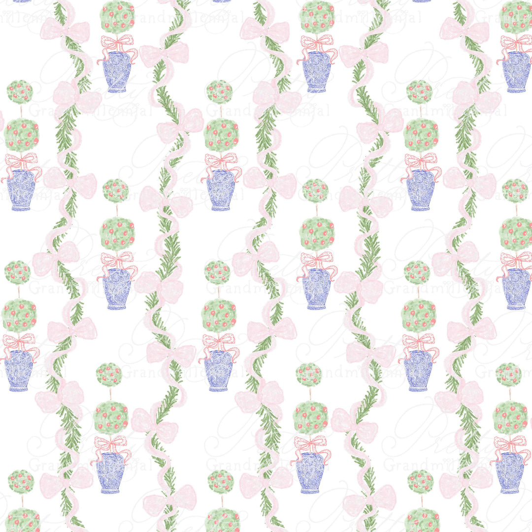 Garland ribbon pattern, chinoiserie boxwood clipart, christmas ribbon pattern, boxwood christmas clipart, scalloped bow pattern, seamless - PrettyGrandmillennai