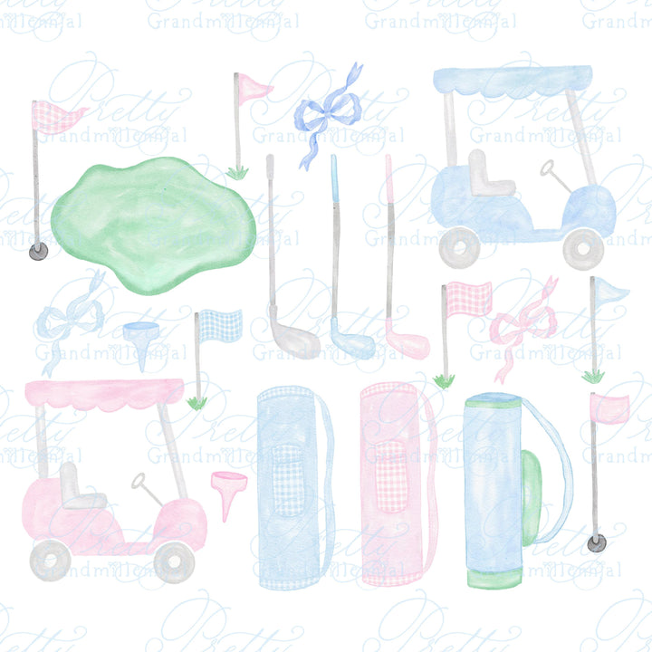 Golf clipart, watercolor golf clipart, grandmillennial clipart, golf cart clipart, clipart shop, golf club clipart, golf bag clipart - PrettyGrandmillennai