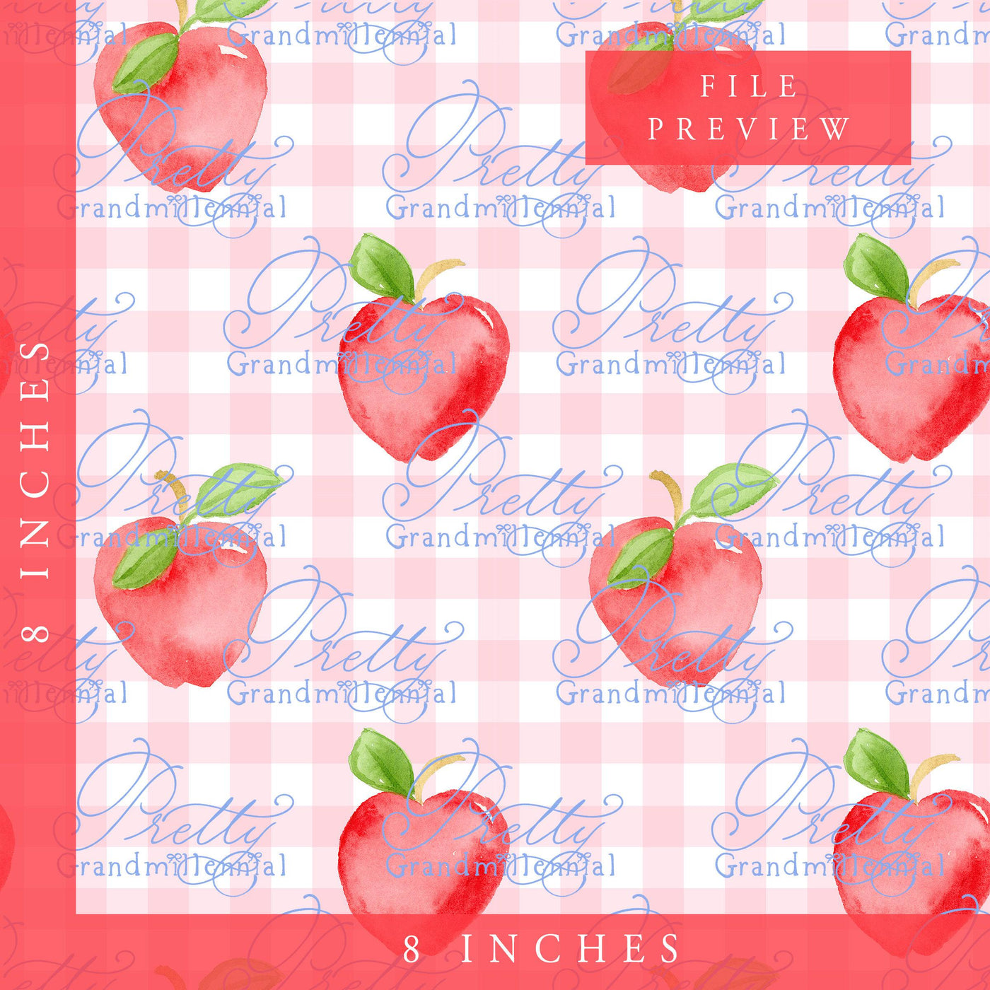 Grandmillennial Back to school pattern, apple print, watercolor school pattern, red apple print, gingham pattern, back to school pattern
