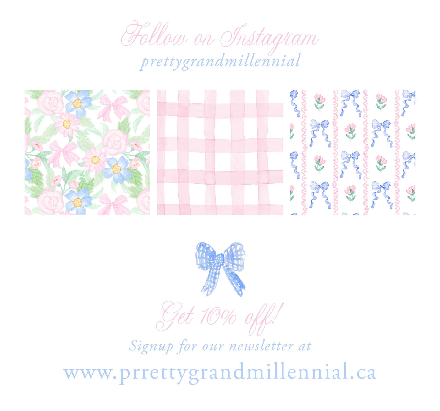 a white background with a blue bow and flowers