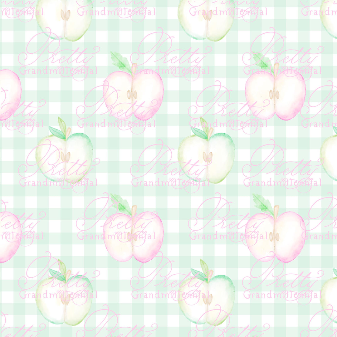 Grandmillennial Back to school pattern, gingham apple print, watercolor school pattern, pink apple print, back to school pattern - PrettyGrandmillennai
