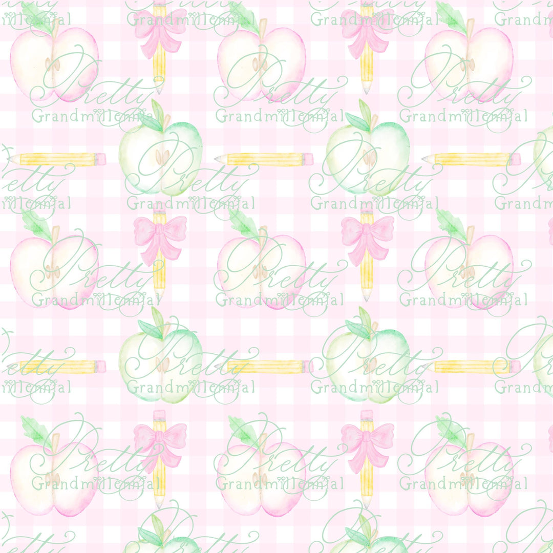 Grandmillennial Back to school pattern, gingham bows apple print, watercolor school pattern, blue apple print, back to school pattern - PrettyGrandmillennai