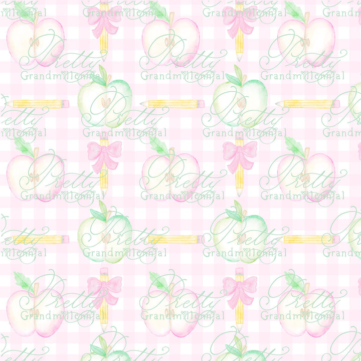 Grandmillennial Back to school pattern, gingham bows apple print, watercolor school pattern, blue apple print, back to school pattern - PrettyGrandmillennai