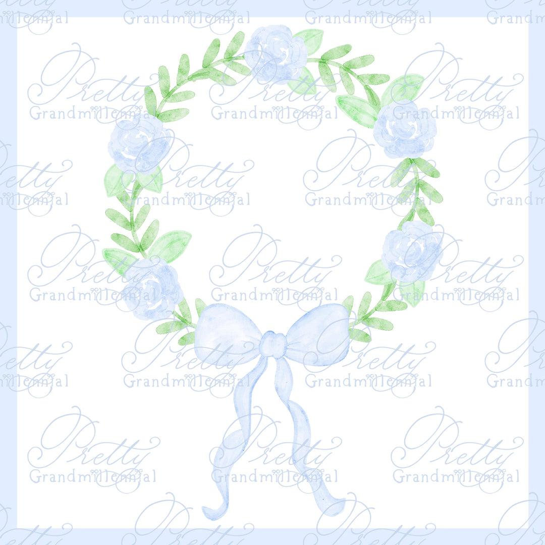 Preppy blue watercolor crest, floral frame clipart, grandmillennial bows flowers crest, wreath bow frame, grandmillennial clipart - PrettyGrandmillennai