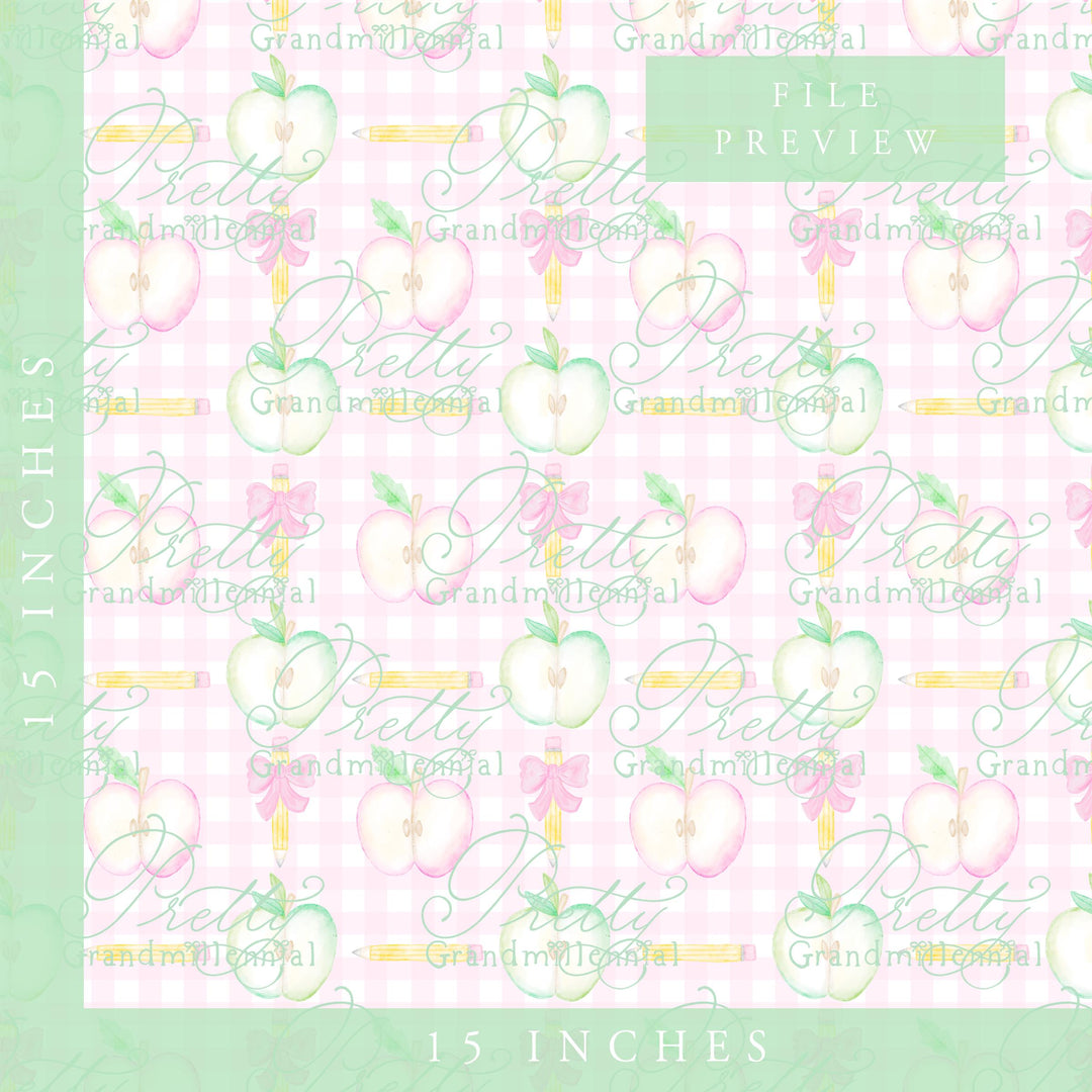 Grandmillennial Back to school pattern, gingham bows apple print, watercolor school pattern, blue apple print, back to school pattern - PrettyGrandmillennai