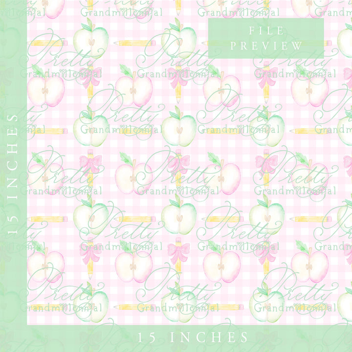 Grandmillennial Back to school pattern, gingham bows apple print, watercolor school pattern, blue apple print, back to school pattern - PrettyGrandmillennai