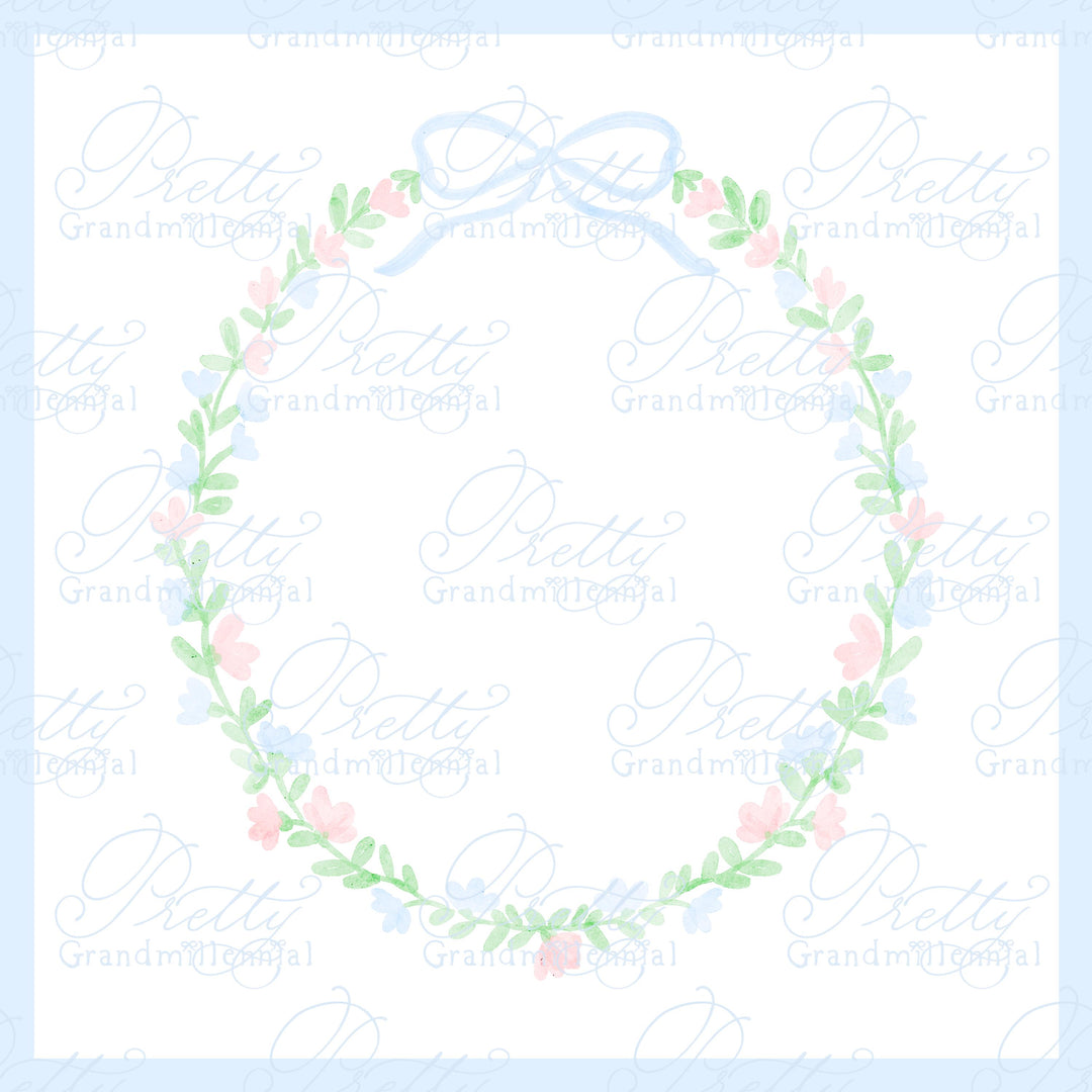 Watercolor wreath crest, preppy wreath floral crest, floral wreath clipart, watercolor grandmillennial clipart, pretty grandmillennial - PrettyGrandmillennai