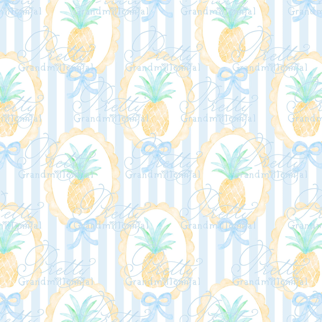 Grandmillennial Pineapple Summer pattern, seamless pineapple summer pattern, summer pineapple preppy bows pattern, coquette summer print - PrettyGrandmillennai
