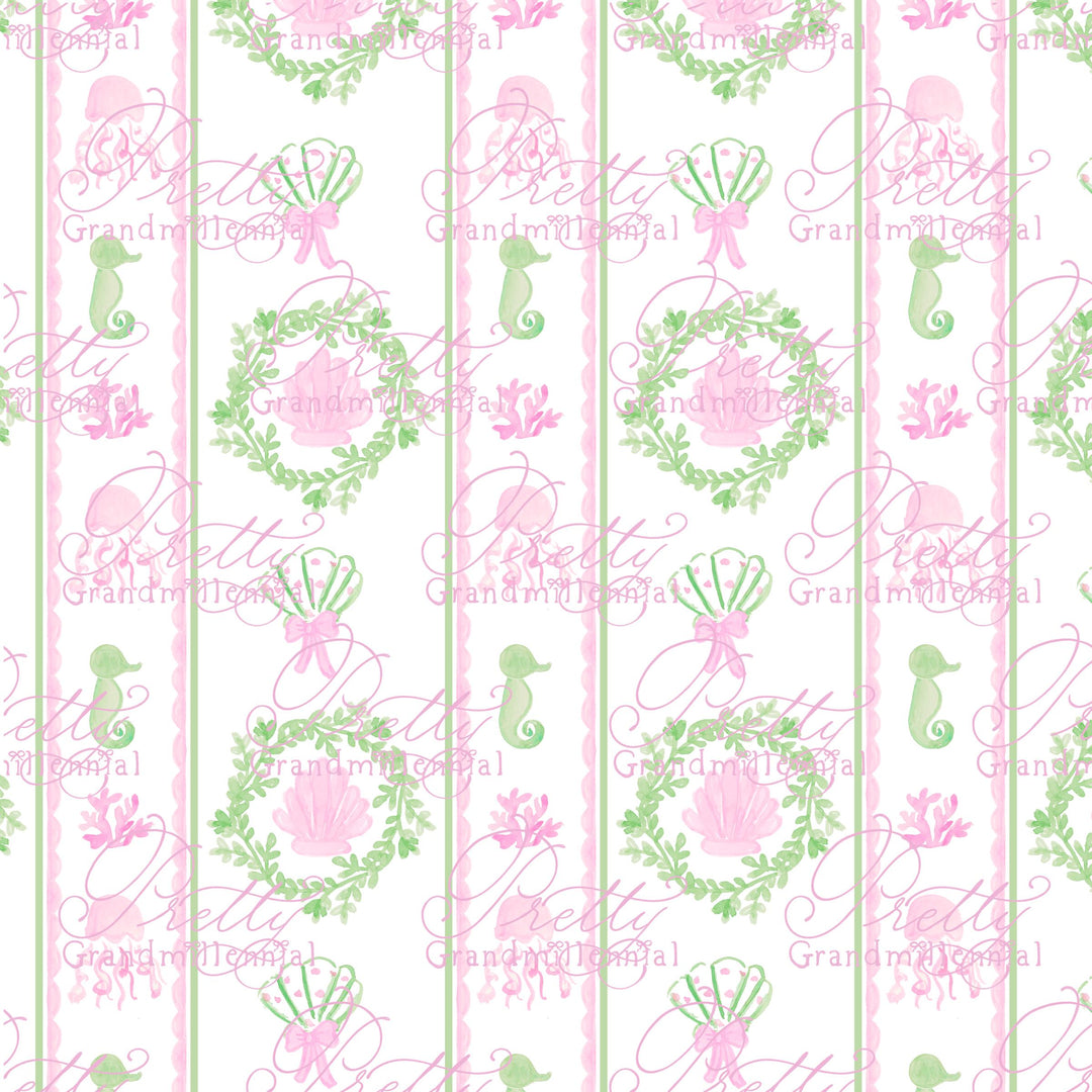 Grandmillennial seahorse sea pattern, summer sea seamless pattern, seashell pattern, preppy sea pattern, seamless pattern - PrettyGrandmillennai
