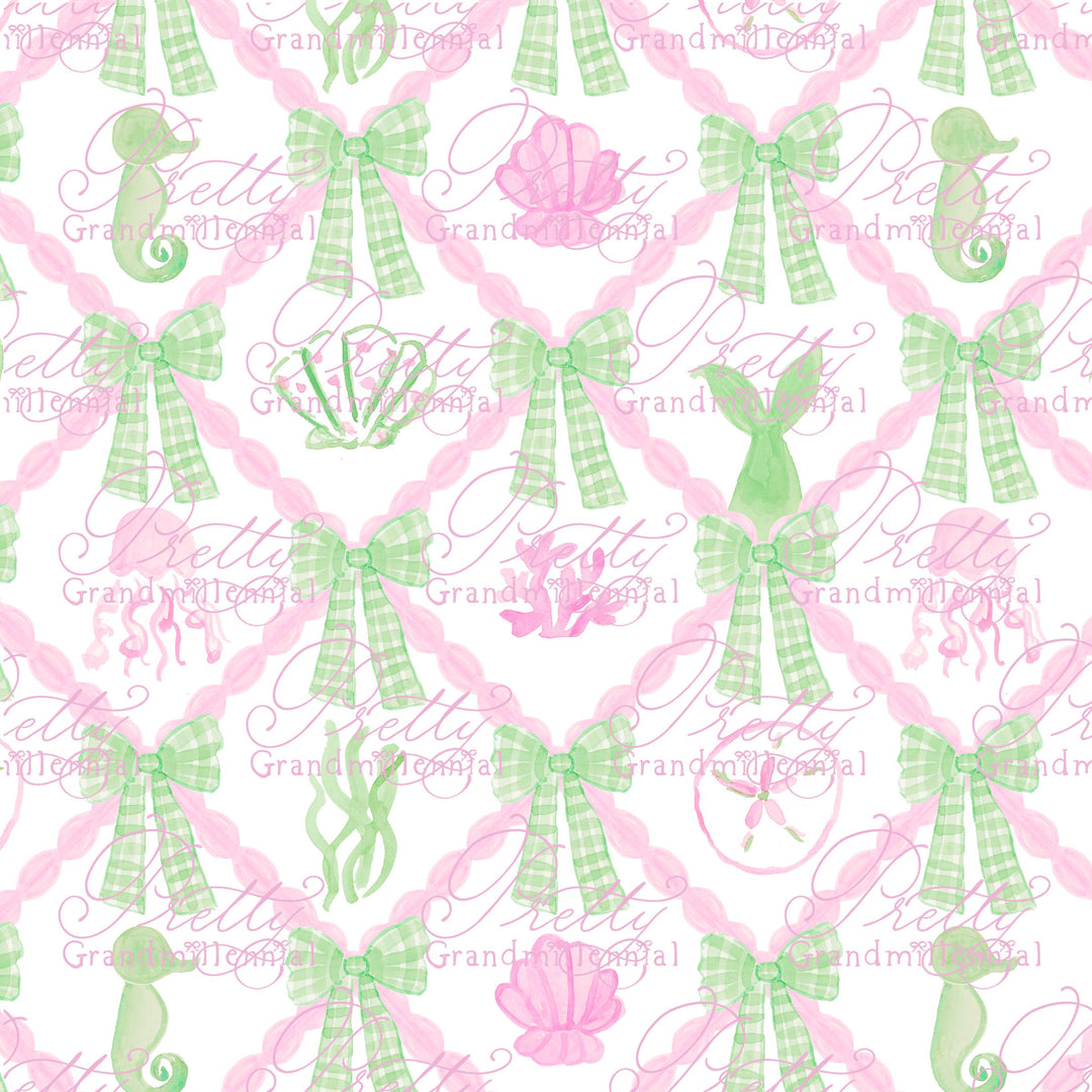 Grandmillennial seashells Summer pattern, summer sea seamless pattern, seashell pattern, preppy sea horse pattern, seamless pattern - PrettyGrandmillennai