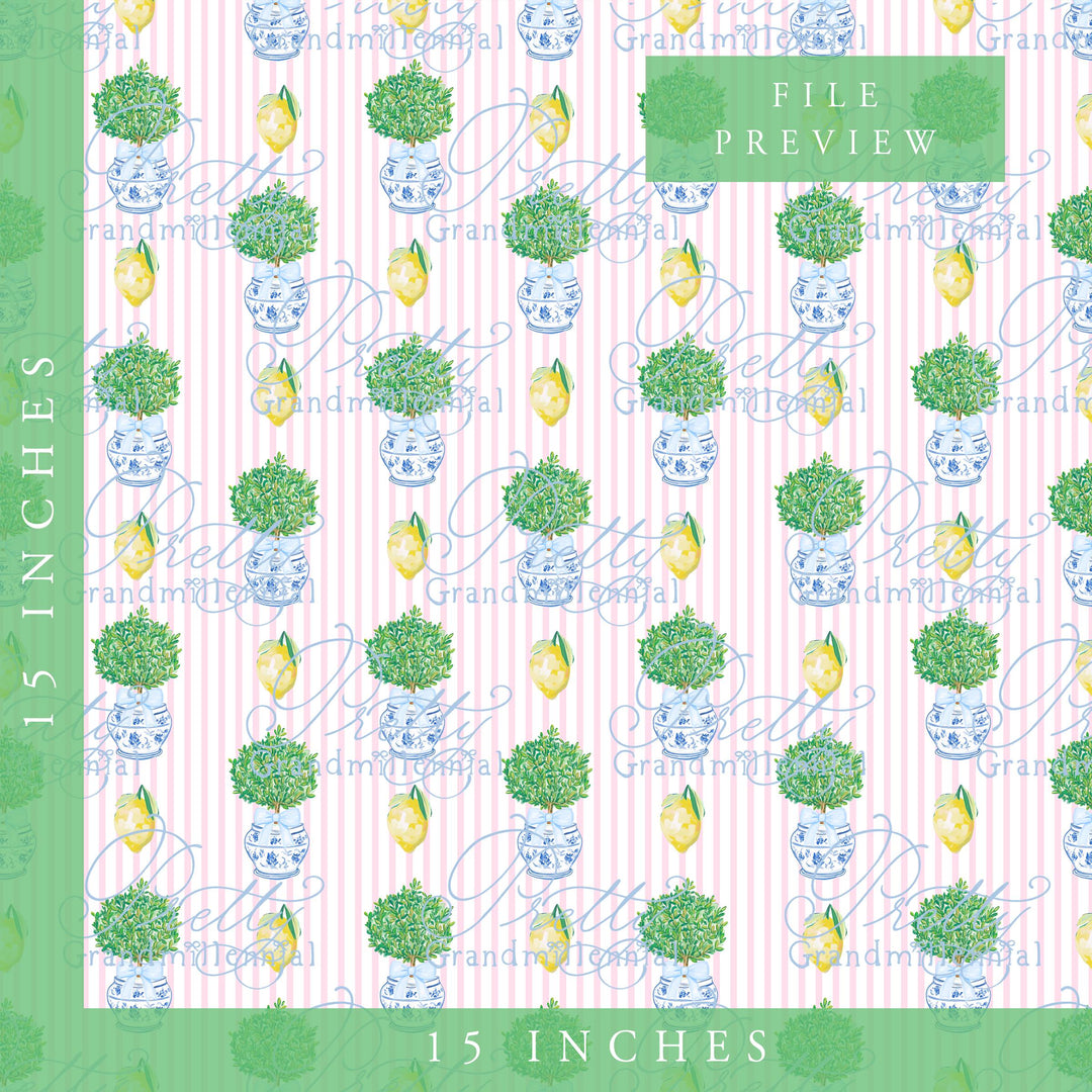 Grandmillennial lemon topiary Summer pattern, seamless lemon summer pattern, summer lemons preppy bows pattern, coquette summer print - PrettyGrandmillennai