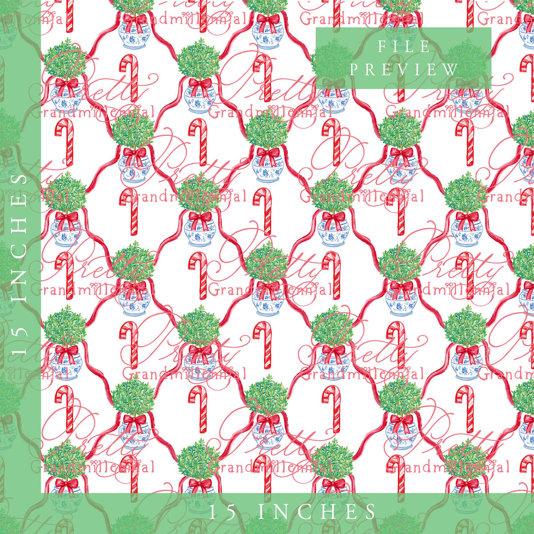 Grandmillennial Christmas topiary pattern, seamless candy cane preppy Christmas pattern, topiary chinoiserie pot Christmas pattern - PrettyGrandmillennai