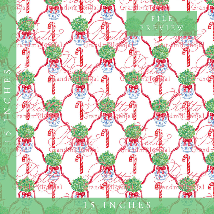 Grandmillennial Christmas topiary pattern, seamless candy cane preppy Christmas pattern, topiary chinoiserie pot Christmas pattern - PrettyGrandmillennai