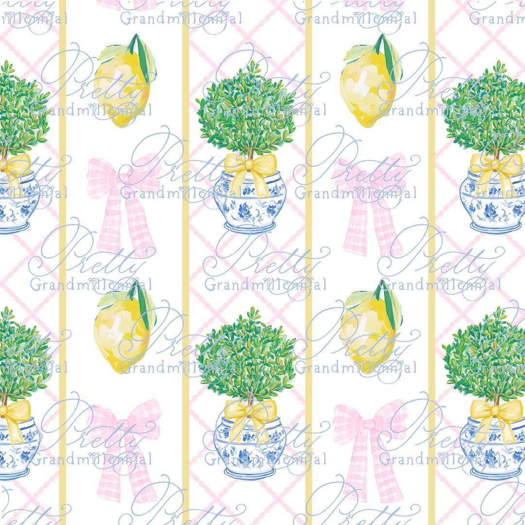 Grandmillennial lemon topiary Summer pattern, seamless lemon summer pattern, summer lemons preppy bows pattern, coquette summer print - PrettyGrandmillennai