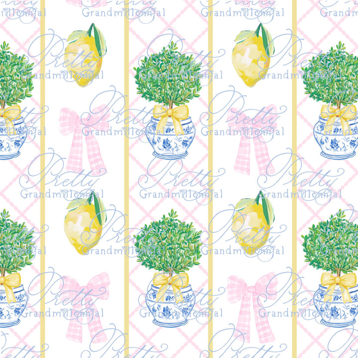Grandmillennial lemon topiary Summer pattern, seamless lemon summer pattern, summer lemons preppy bows pattern, coquette summer print - PrettyGrandmillennai