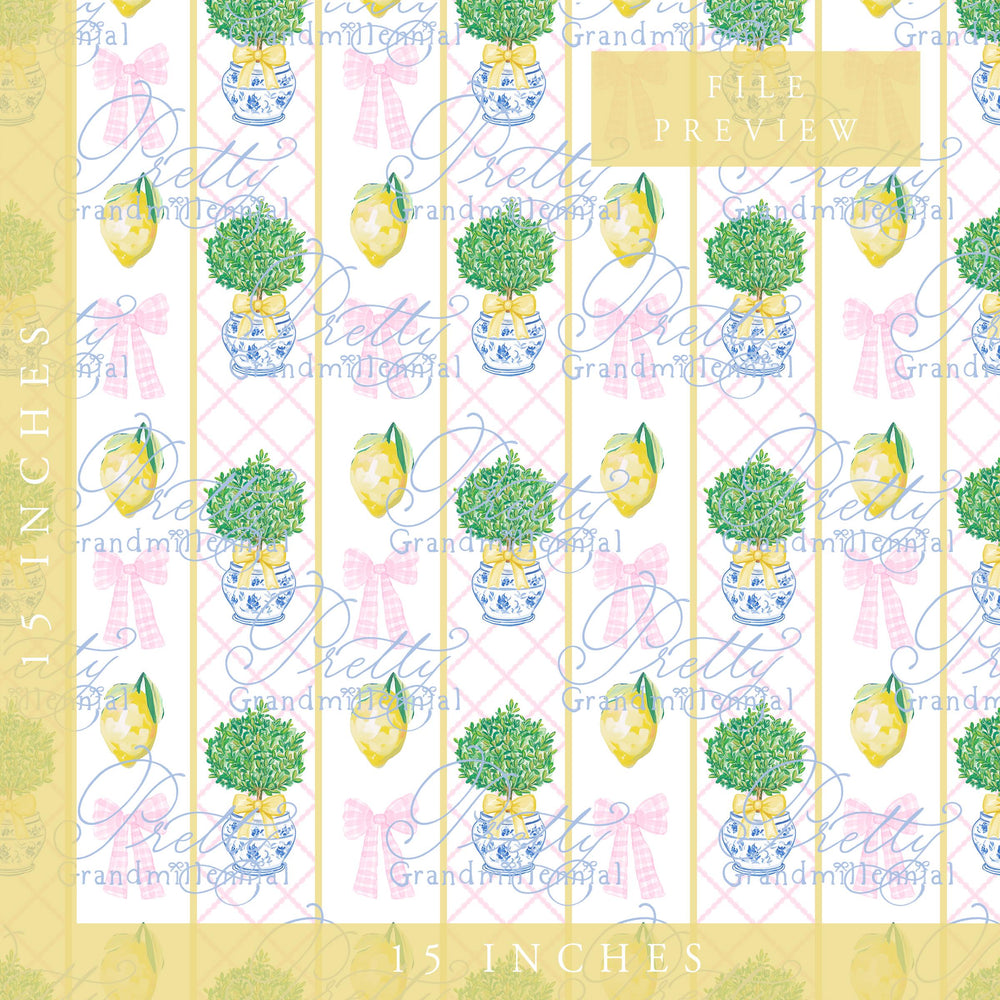Grandmillennial lemon topiary Summer pattern, seamless lemon summer pattern, summer lemons preppy bows pattern, coquette summer print - PrettyGrandmillennai