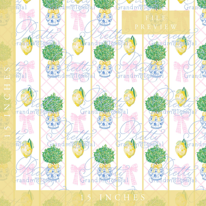 Grandmillennial lemon topiary Summer pattern, seamless lemon summer pattern, summer lemons preppy bows pattern, coquette summer print - PrettyGrandmillennai