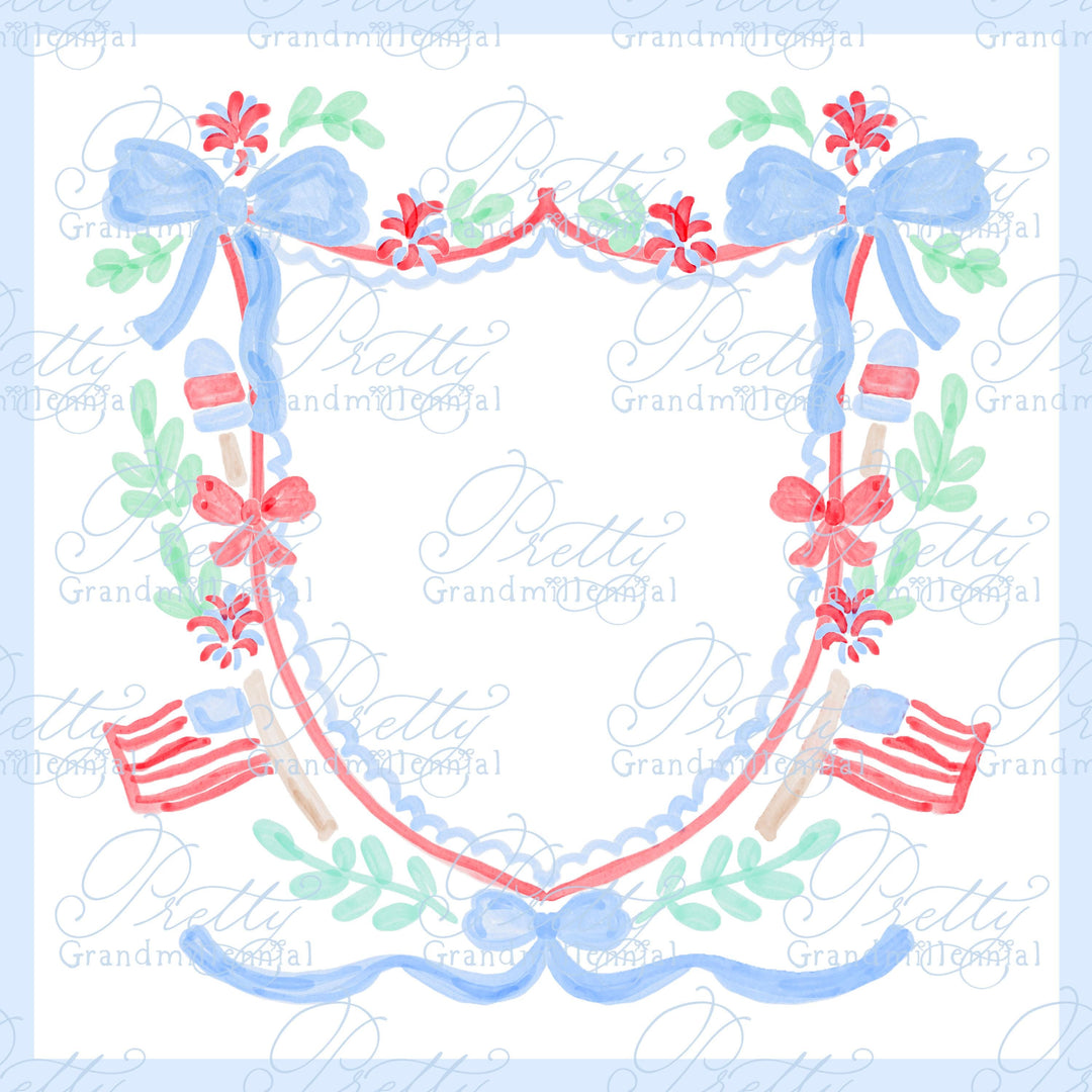 Watercolor 4th of July crest, preppy American flag crest, Independence Day crest, watercolor grandmillennial clipart, pretty grandmillennial - PrettyGrandmillennai