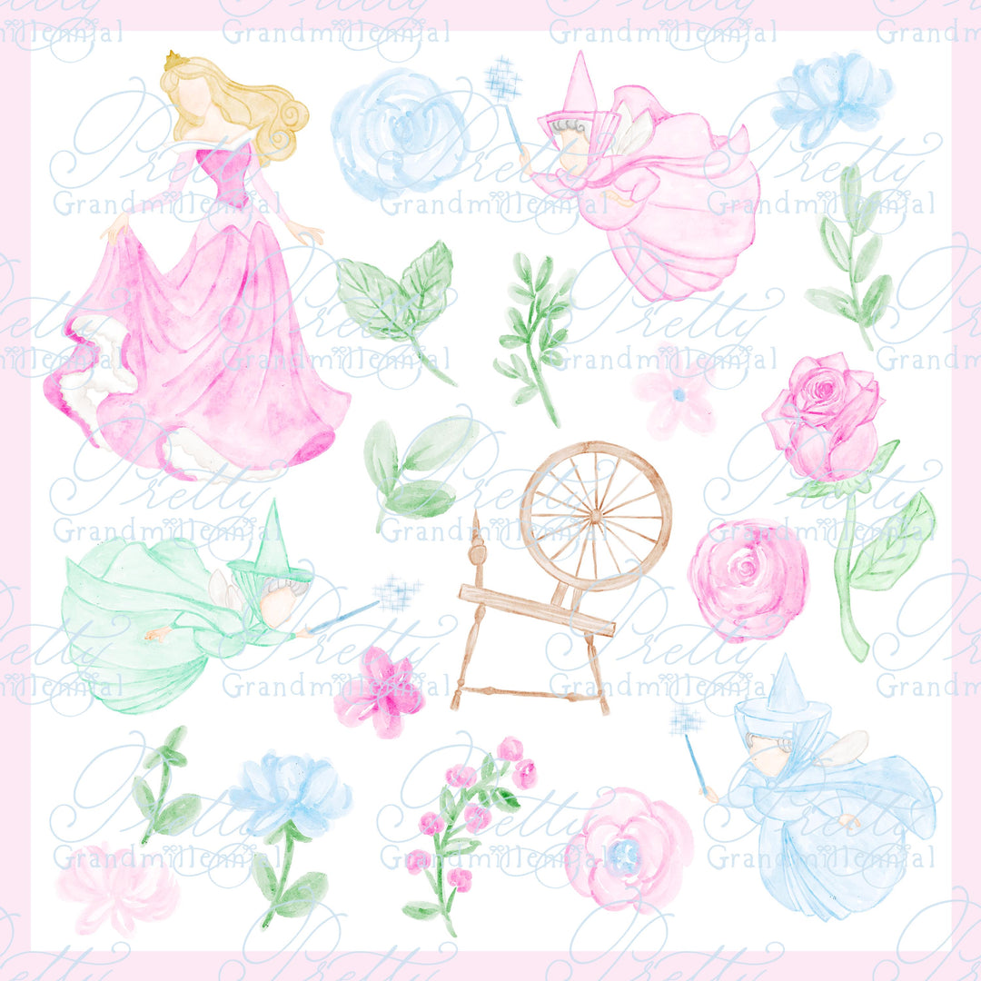 Watercolor princess Clipart Kit, spinning wheel Watercolor, fairies clipart, flowers clipart, grandmillennial, princess clipart - PrettyGrandmillennai