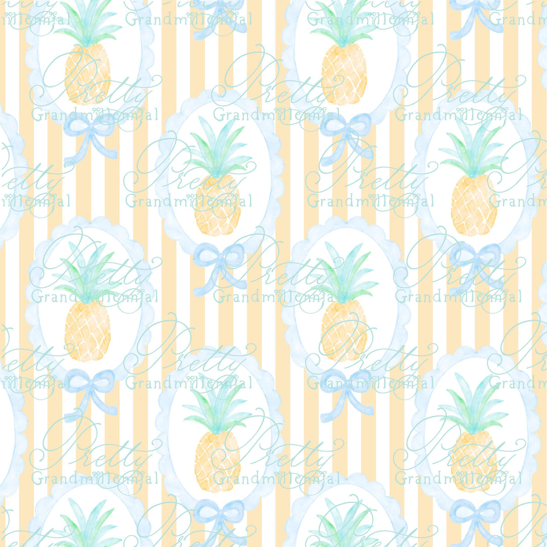 Grandmillennial Pineapple Summer pattern, seamless pineapple summer pattern, summer pineapple preppy bows pattern, coquette summer print - PrettyGrandmillennai