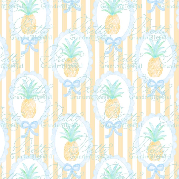 Grandmillennial Pineapple Summer pattern, seamless pineapple summer pattern, summer pineapple preppy bows pattern, coquette summer print - PrettyGrandmillennai