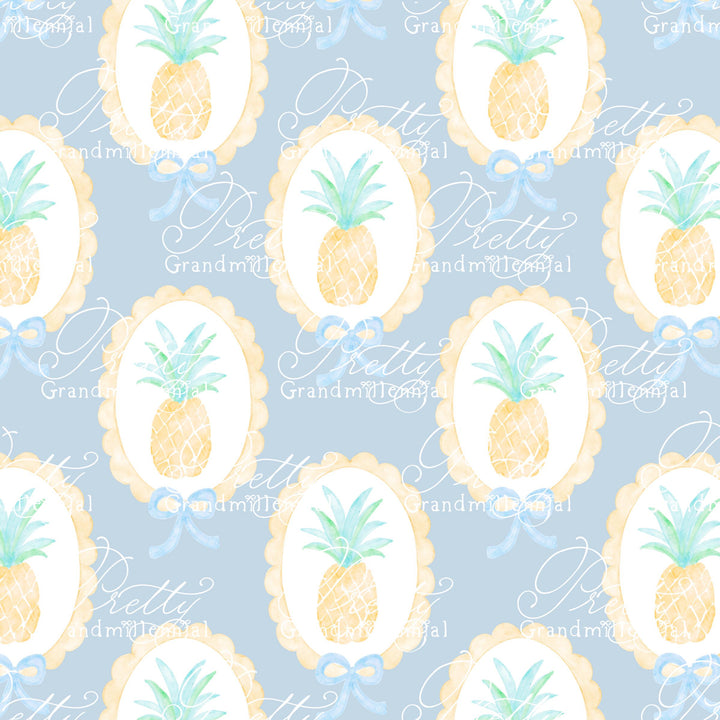 Grandmillennial Pineapple Summer pattern, seamless pineapple summer pattern, summer pineapple preppy bows pattern, coquette summer print - PrettyGrandmillennai