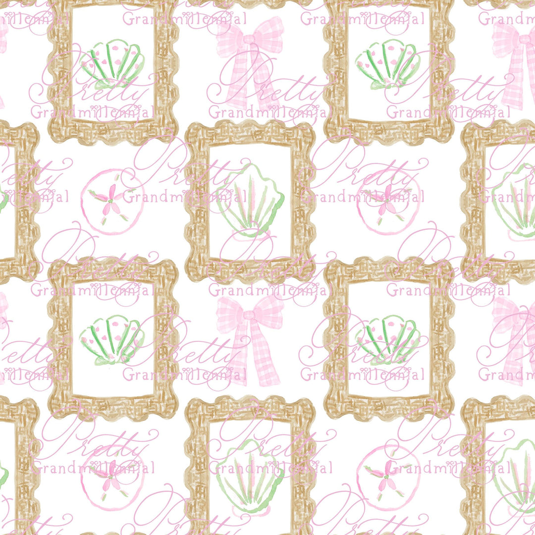 Grandmillennial seashell rattan frame pattern, summer sea seamless pattern, seashell pattern, preppy sea pattern, rattan pattern - PrettyGrandmillennai