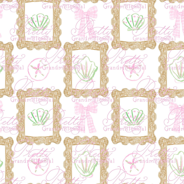 Grandmillennial seashell rattan frame pattern, summer sea seamless pattern, seashell pattern, preppy sea pattern, rattan pattern - PrettyGrandmillennai