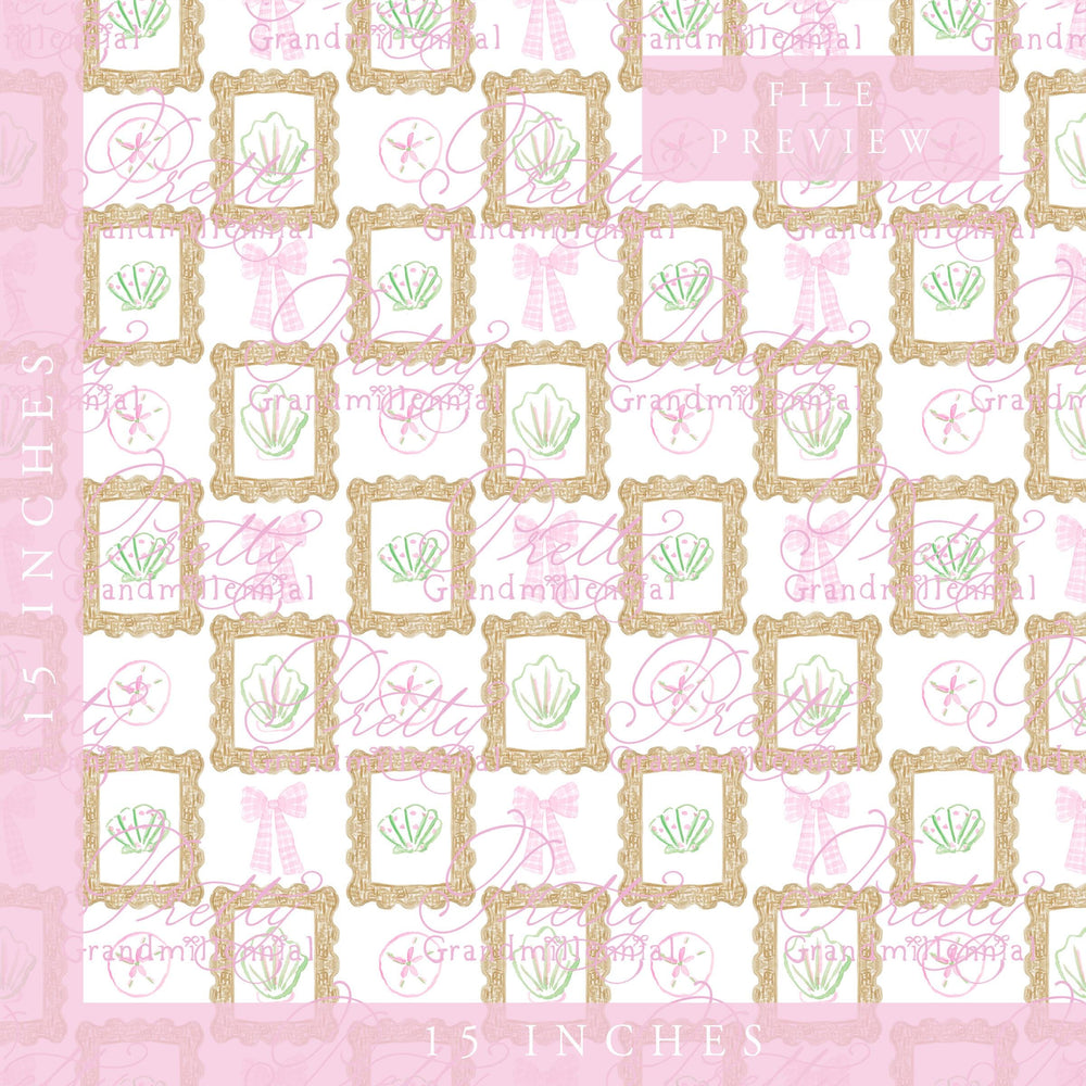 Grandmillennial seashell rattan frame pattern, summer sea seamless pattern, seashell pattern, preppy sea pattern, rattan pattern - PrettyGrandmillennai