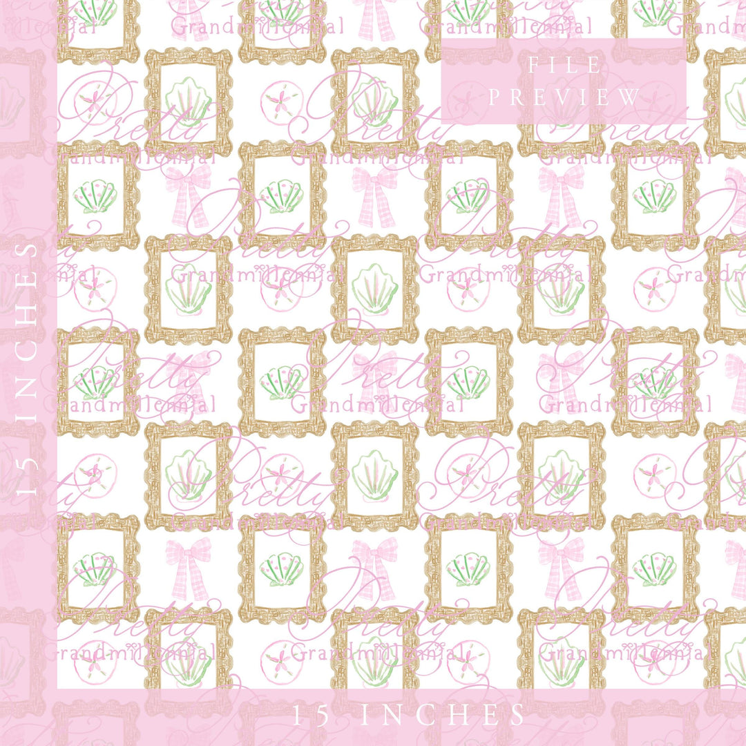 Grandmillennial seashell rattan frame pattern, summer sea seamless pattern, seashell pattern, preppy sea pattern, rattan pattern - PrettyGrandmillennai