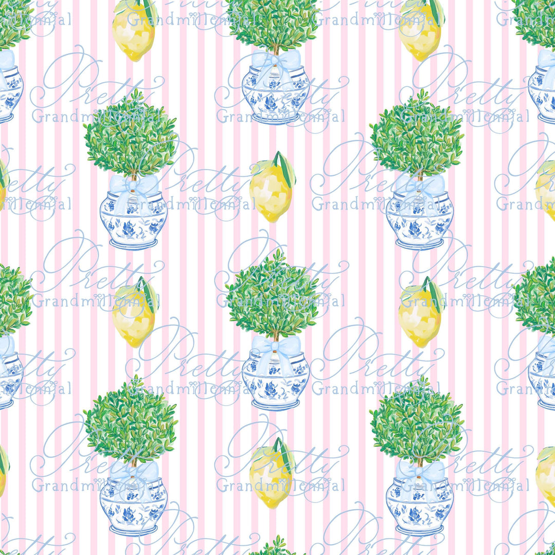 Grandmillennial lemon topiary Summer pattern, seamless lemon summer pattern, summer lemons preppy bows pattern, coquette summer print - PrettyGrandmillennai