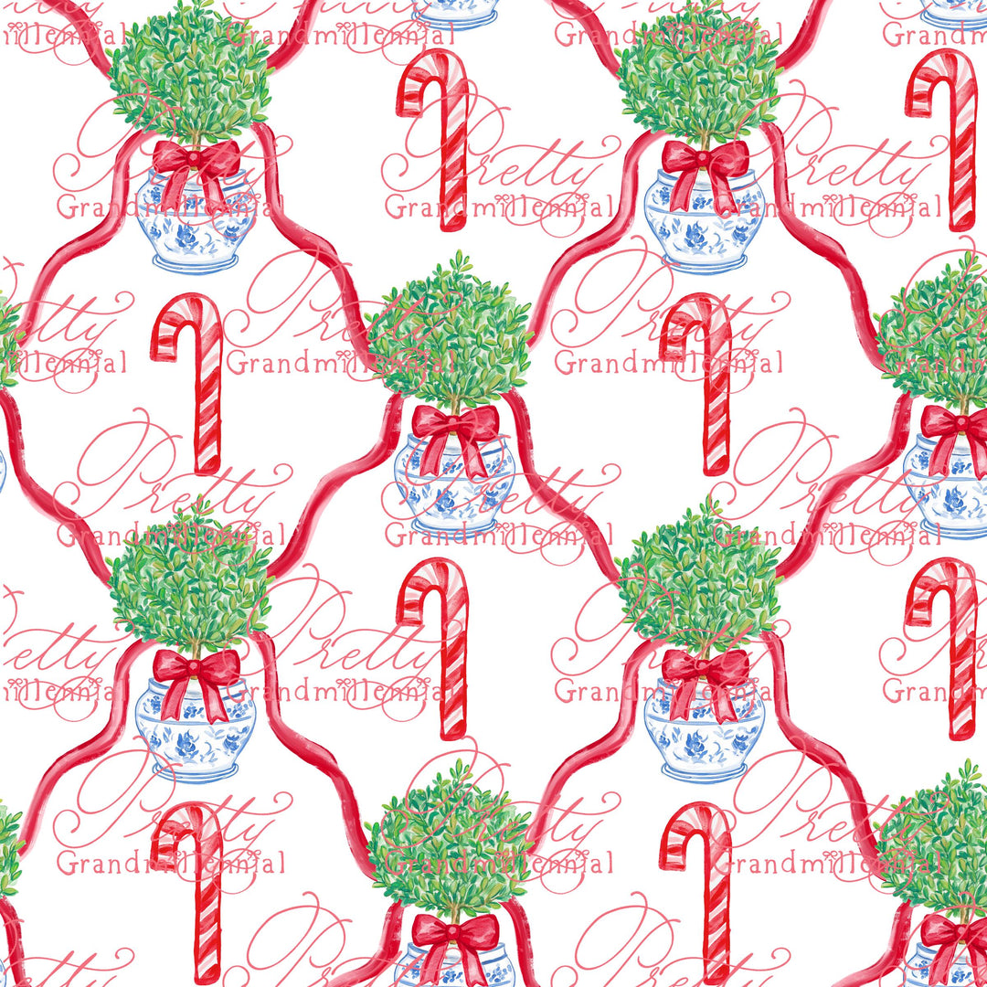 Grandmillennial Christmas topiary pattern, seamless candy cane preppy Christmas pattern, topiary chinoiserie pot Christmas pattern - PrettyGrandmillennai