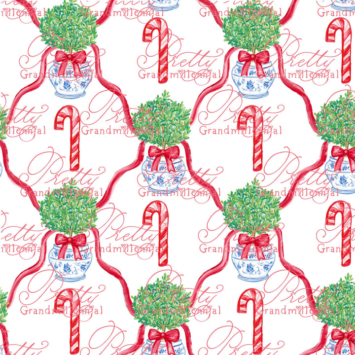 Grandmillennial Christmas topiary pattern, seamless candy cane preppy Christmas pattern, topiary chinoiserie pot Christmas pattern - PrettyGrandmillennai