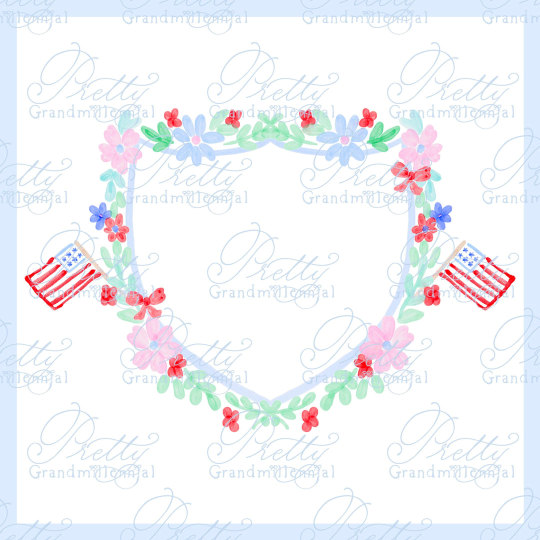 Watercolor 4th of July crest, preppy American flag crest, Independence Day crest, watercolor grandmillennial clipart, pretty grandmillennial - PrettyGrandmillennai