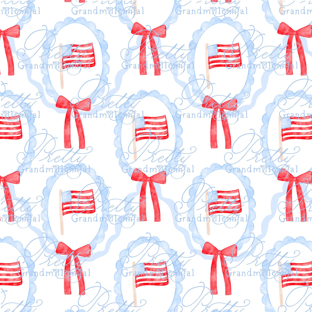 Preppy Patriotic pattern, seamless Independence Day pattern, grandmillennial seamless pattern, flag, bow pattern, 4th of July pattern - PrettyGrandmillennai