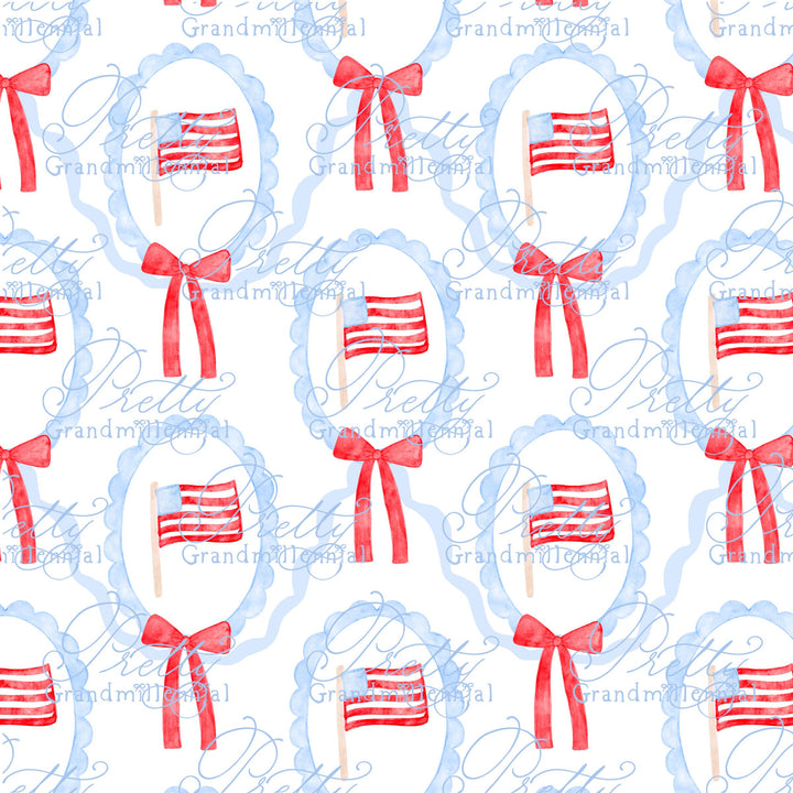 Preppy Patriotic pattern, seamless Independence Day pattern, grandmillennial seamless pattern, flag, bow pattern, 4th of July pattern - PrettyGrandmillennai
