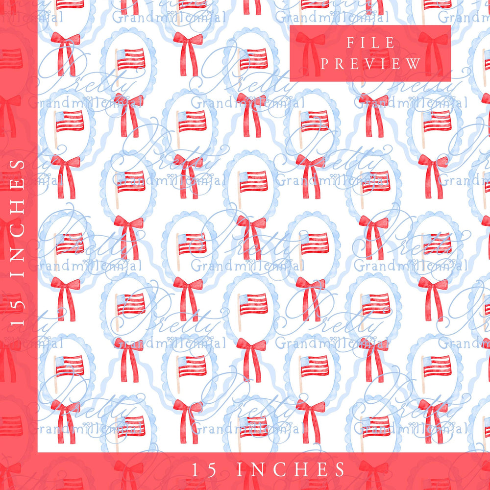 Preppy Patriotic pattern, seamless Independence Day pattern, grandmillennial seamless pattern, flag, bow pattern, 4th of July pattern - PrettyGrandmillennai