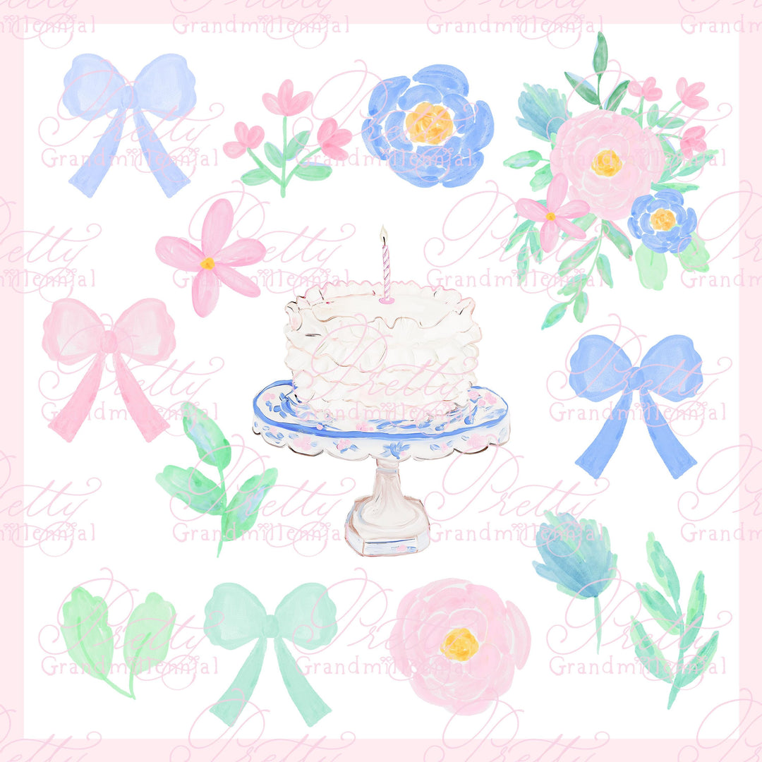 Watercolor Birthday Cake Clipart, ruffle cake clipart, wedding cake clipart, grandmillennial clipart, preppy cake watercolor clipart - PrettyGrandmillennai
