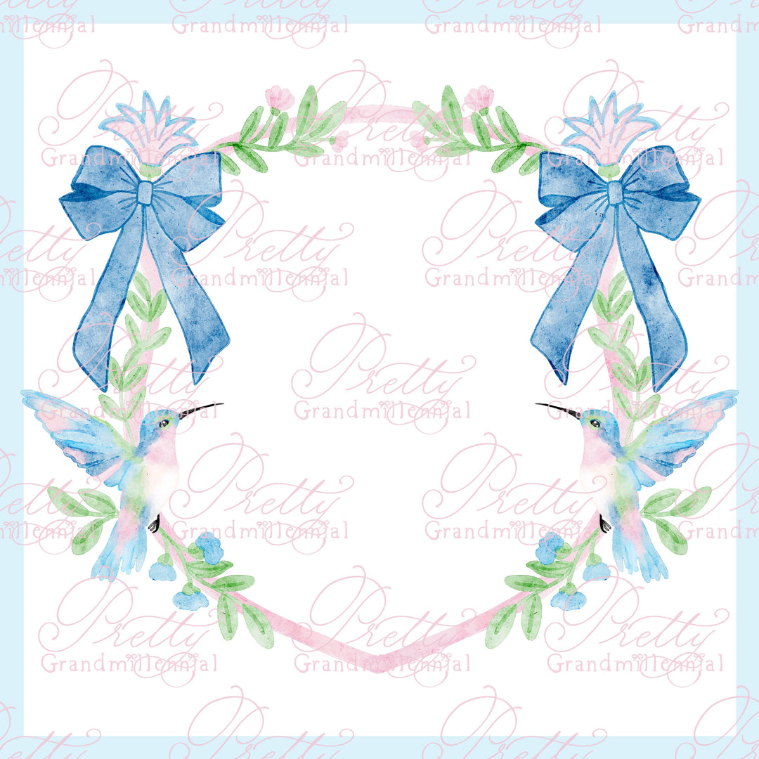 Watercolor hummingbird crest, preppy wreath floral crest, floral wreath clipart, watercolor grandmillennial clipart, pretty grandmillennial - PrettyGrandmillennai