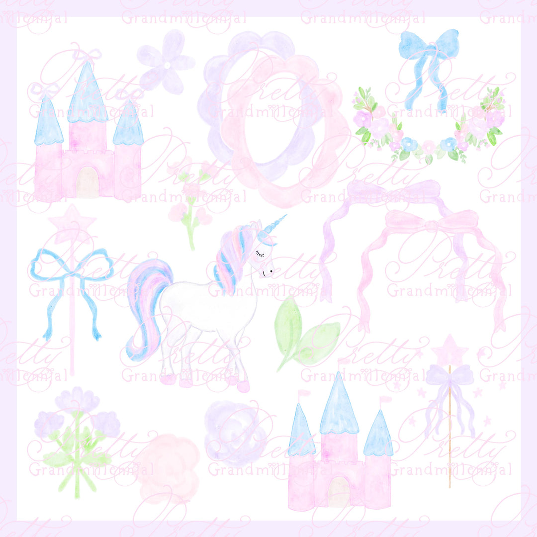 Watercolor unicorn clipart, preppy castle clipart, unicorn pastel clipart, pastel watercolor clipart, magical wand clipart, scallop frame - PrettyGrandmillennai