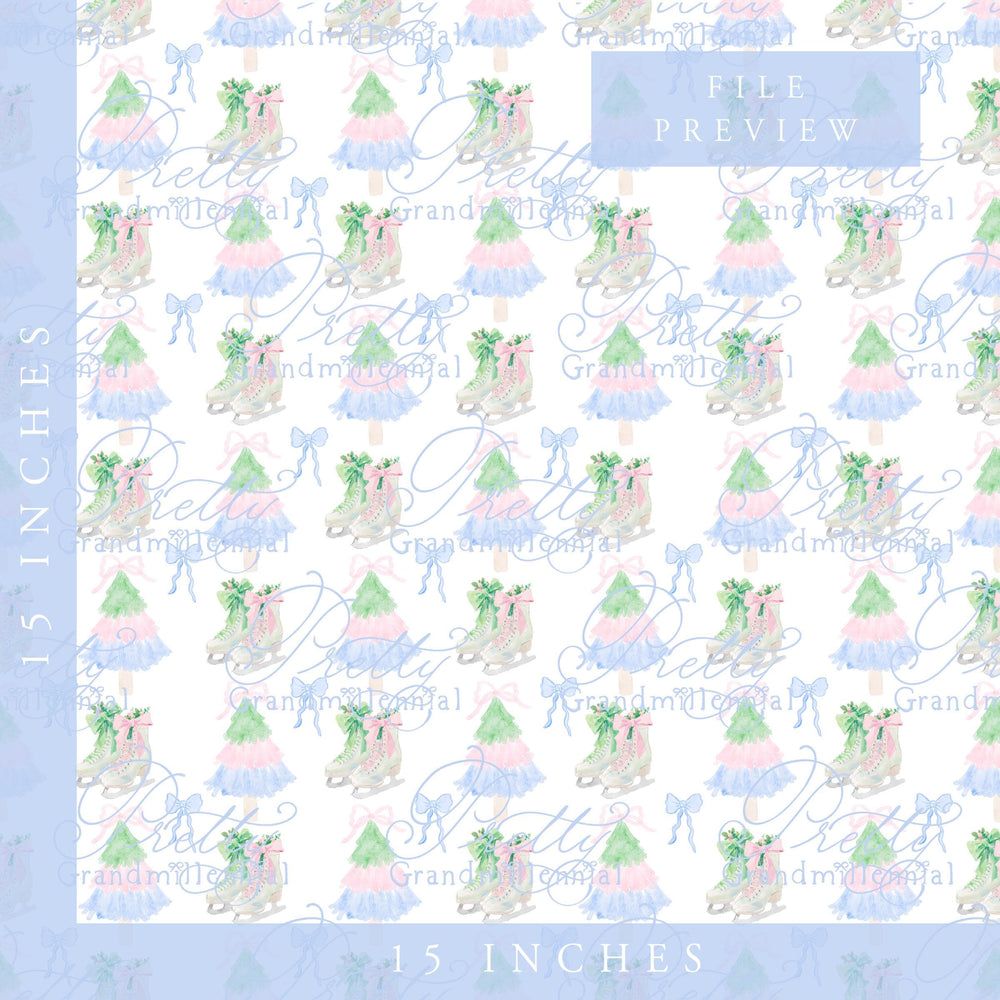 Watercolor Christmas Tree pattern, ice skates pattern, grandmillennial Christmas pattern, preppy Christmas pattern seamless - PrettyGrandmillennai