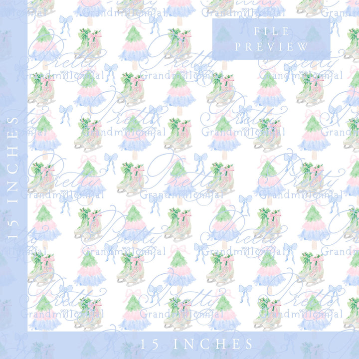 Watercolor Christmas Tree pattern, ice skates pattern, grandmillennial Christmas pattern, preppy Christmas pattern seamless - PrettyGrandmillennai