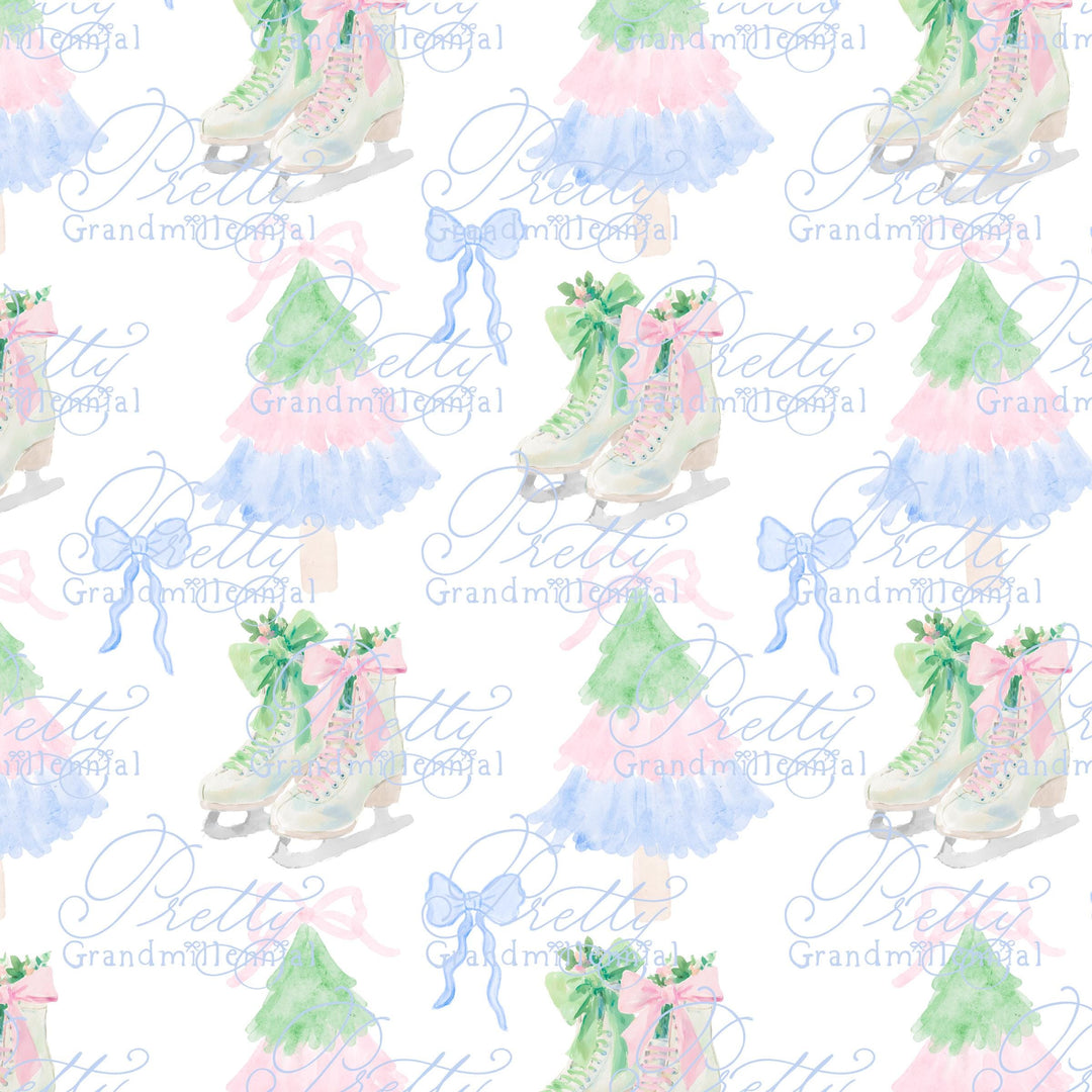 Watercolor Christmas Tree pattern, ice skates pattern, grandmillennial Christmas pattern, preppy Christmas pattern seamless - PrettyGrandmillennai