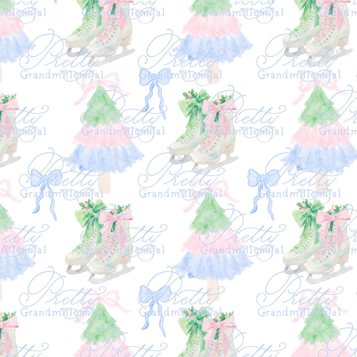 Watercolor Christmas Tree pattern, ice skates pattern, grandmillennial Christmas pattern, preppy Christmas pattern seamless - PrettyGrandmillennai