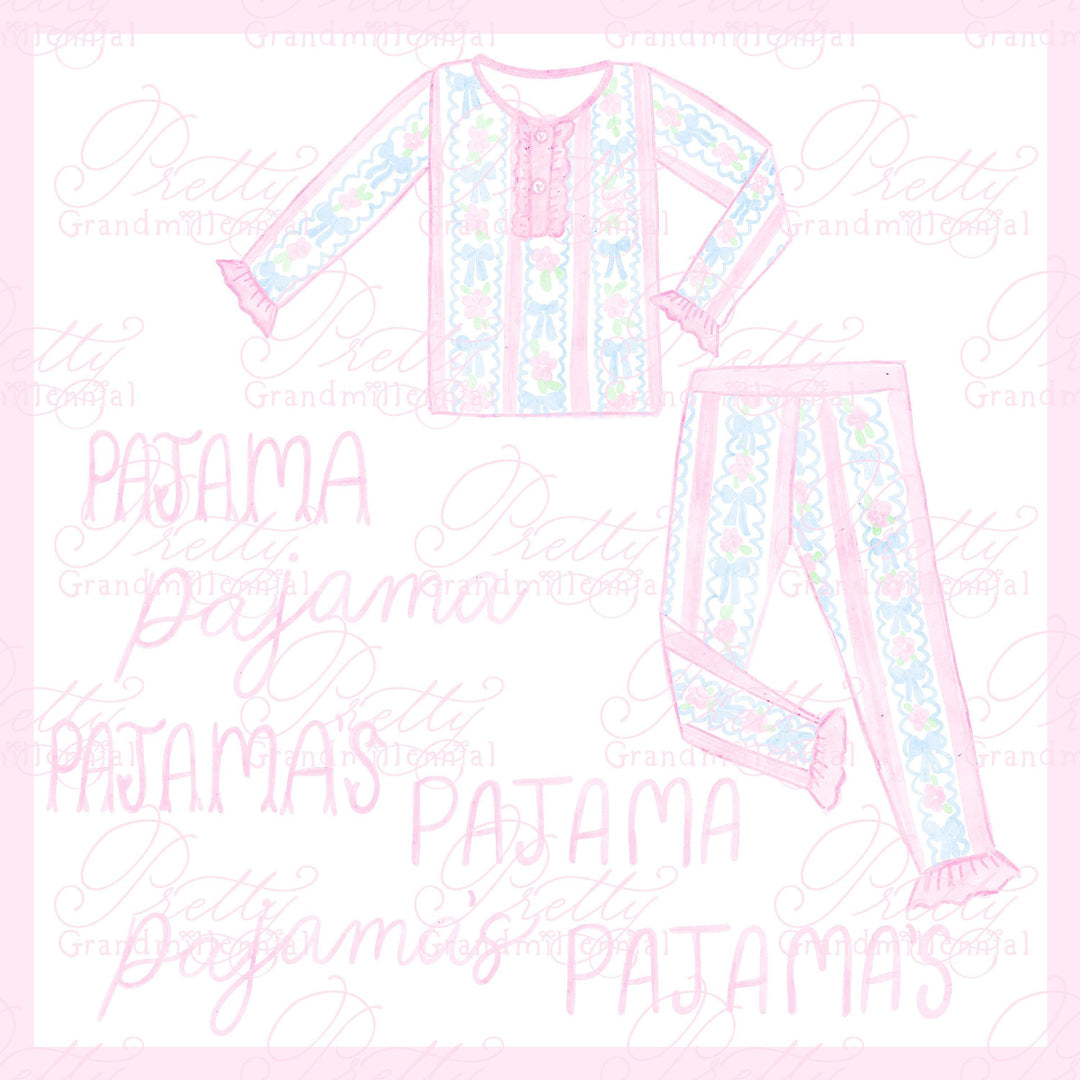 Grandmillennial pjs clipart, preppy pajamas clipart, pjs party clipart, girls pjs clipart, watercolor pyjamas, pjs and pancakes party - PrettyGrandmillennai
