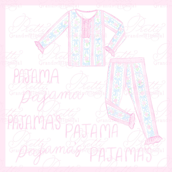 Grandmillennial pjs clipart, preppy pajamas clipart, pjs party clipart, girls pjs clipart, watercolor pyjamas, pjs and pancakes party - PrettyGrandmillennai